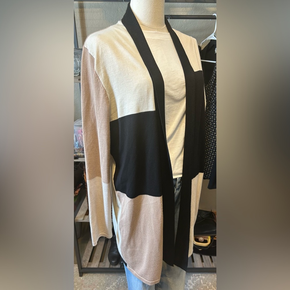 Vila Milano Color Block Cardigan - Black, Tan & Cream- Size Large